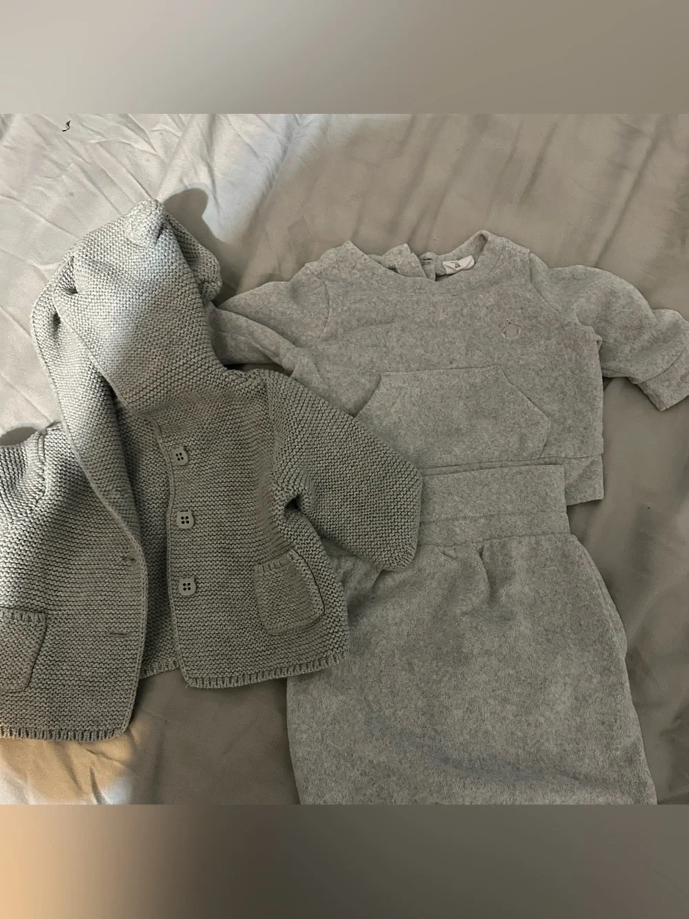 Gray Baby Knit Hooded Cardigan & Matching Pant Set
